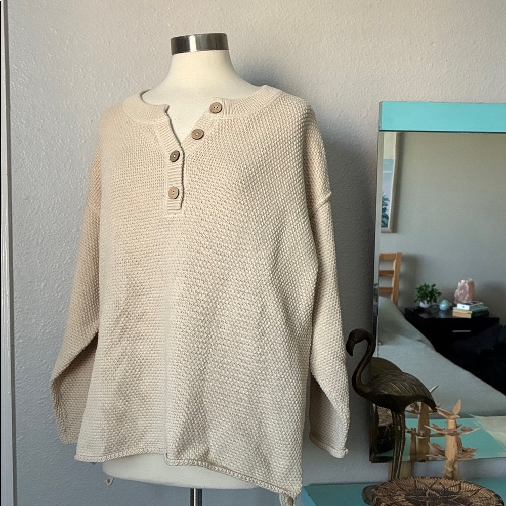 New Free People Beach Women's Cream Oversized Henley Textured Knit Sweater Small